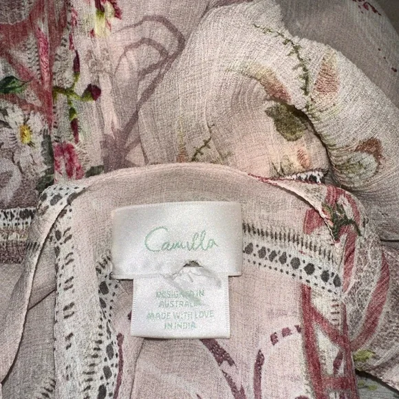 Camilla “Istenanya” pink floral silk strap flowy dress w shirred waistband L/XL?
